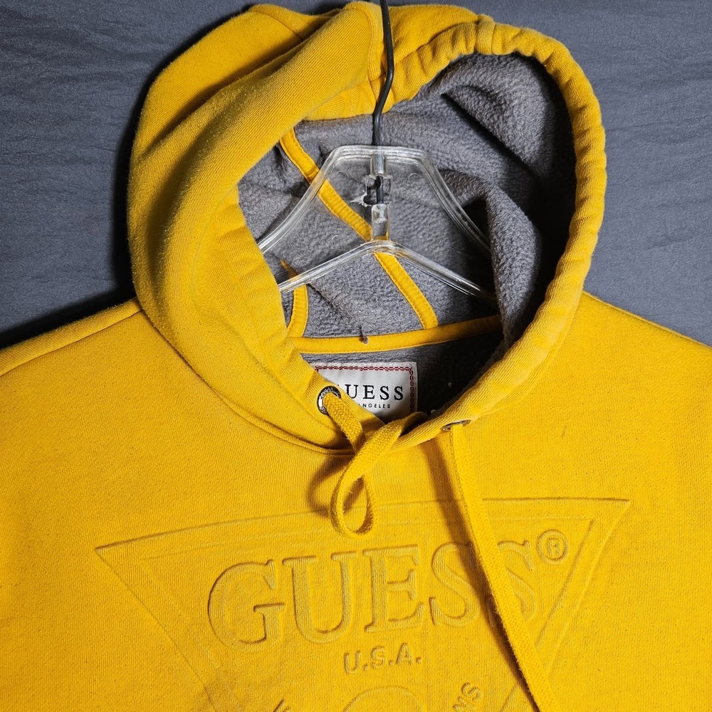 Guess Womens Hoodie XS Mustard Yellow Pullover Sweatshirt Triangle Logo